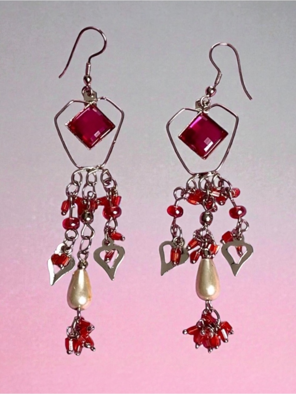 Elegant Fuchsia Dangle Earrings with with Tear Drop Pearl & Heart Accents